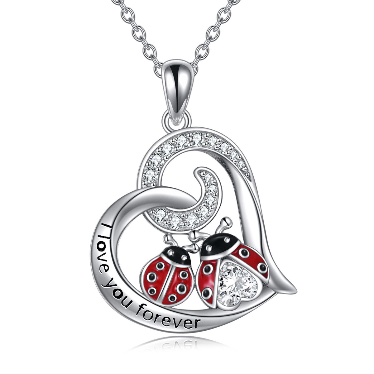 Sterling Silver Cubic Zirconia Ladybug & Heart Pendant Necklace-1