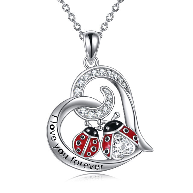 Collana con ciondolo a forma di cuore con coccinella in argento sterling e zirconi cubici-1