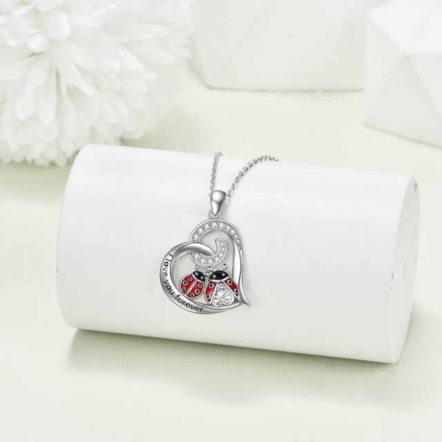 Collana con ciondolo a forma di cuore con coccinella in argento sterling e zirconi cubici-3