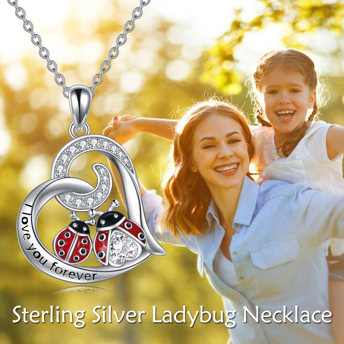 Sterling Silver Cubic Zirconia Ladybug & Heart Pendant Necklace-6