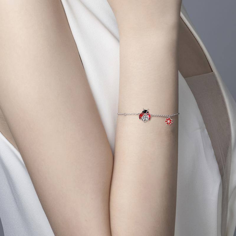 Sterling Silver Cubic Zirconia Ladybug Charm Bracelet-2