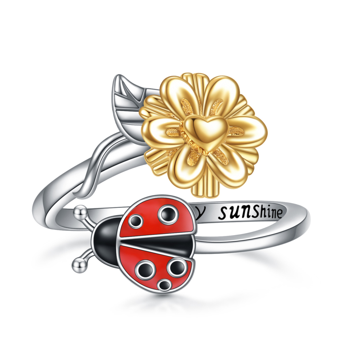 Anillo abierto de plata de ley con diseño de girasol y mariquita y palabra grabada-1