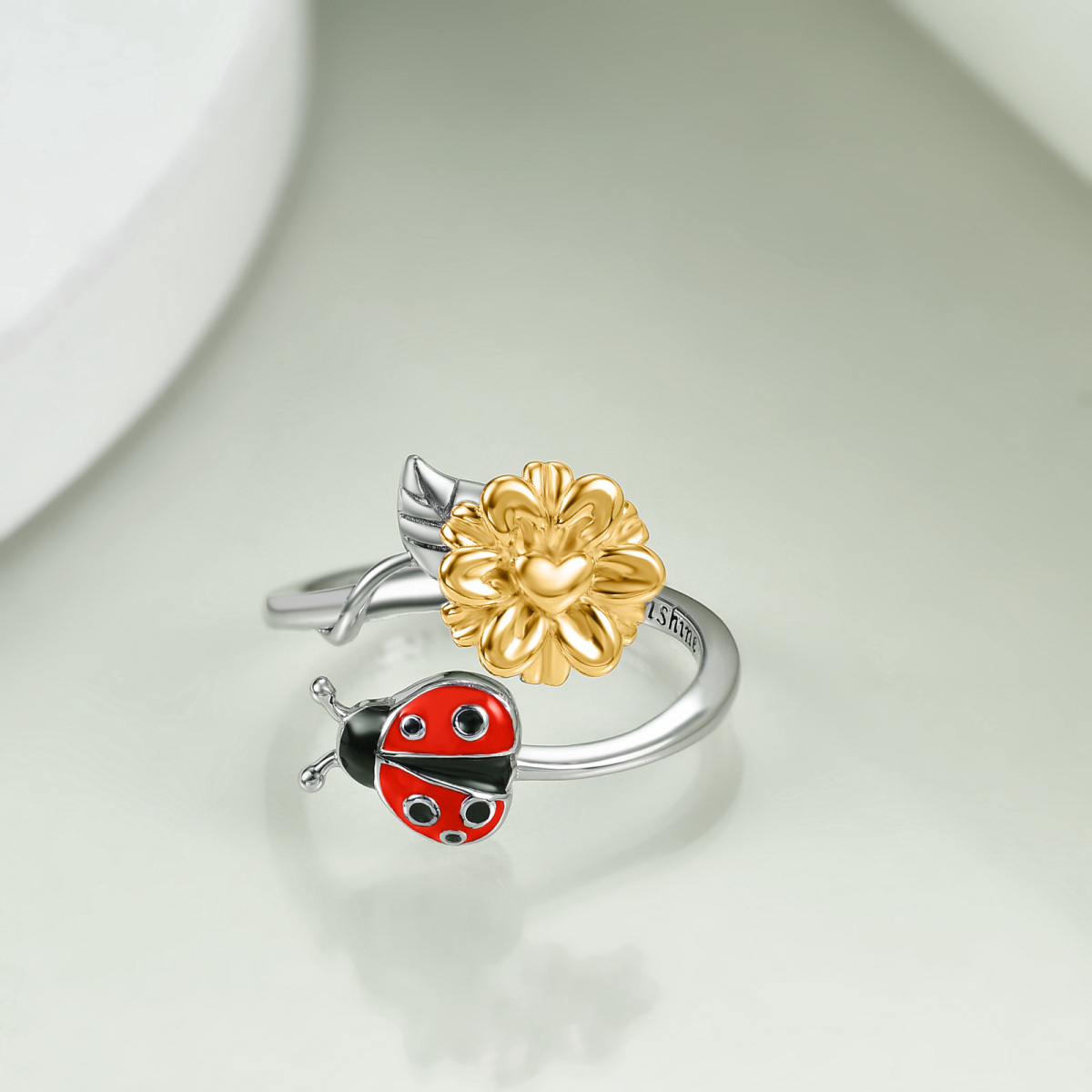 Sterling Silver Ladybug & Sunflower Open Ring with Engraved Word-3