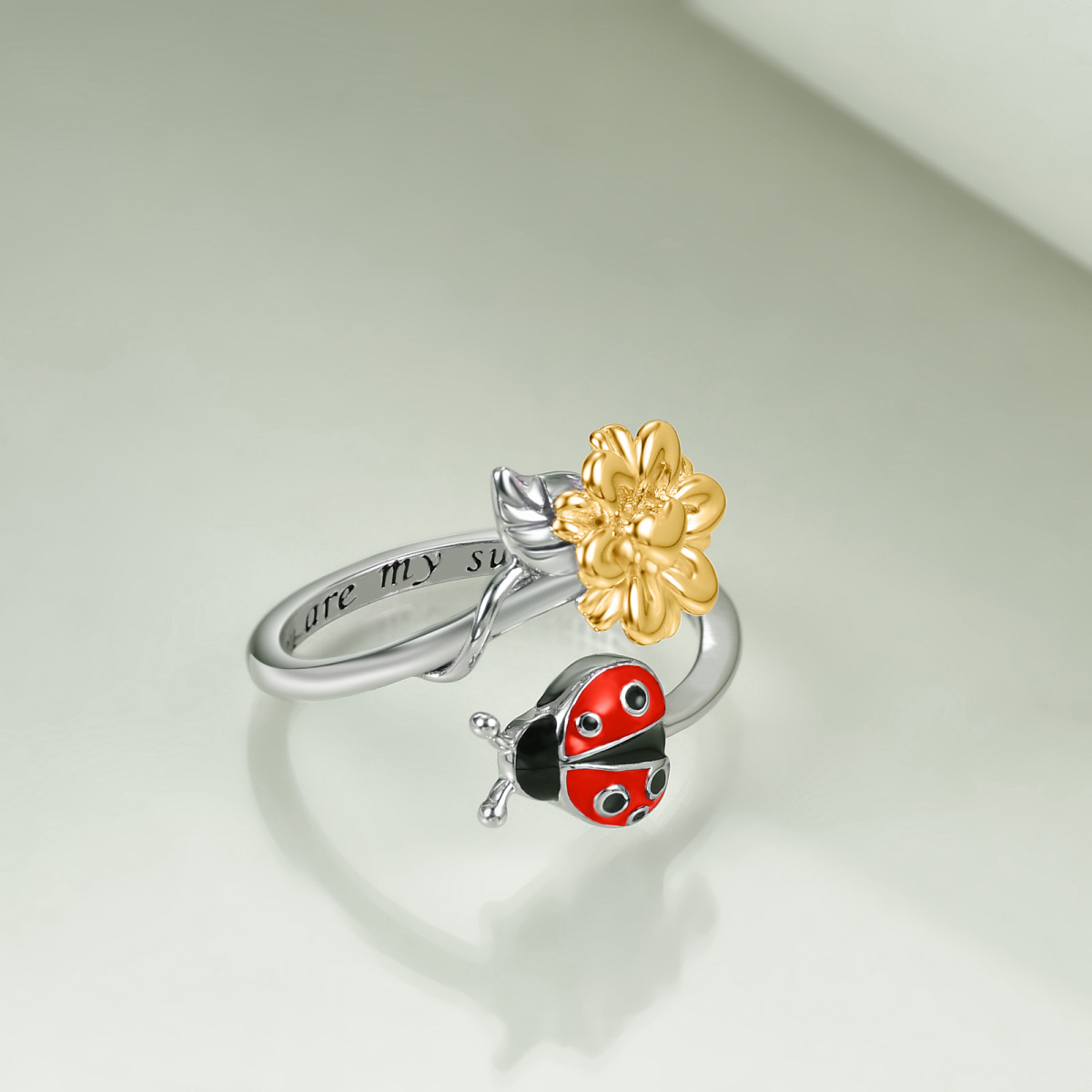 Sterling Silver Ladybug & Sunflower Open Ring with Engraved Word-4