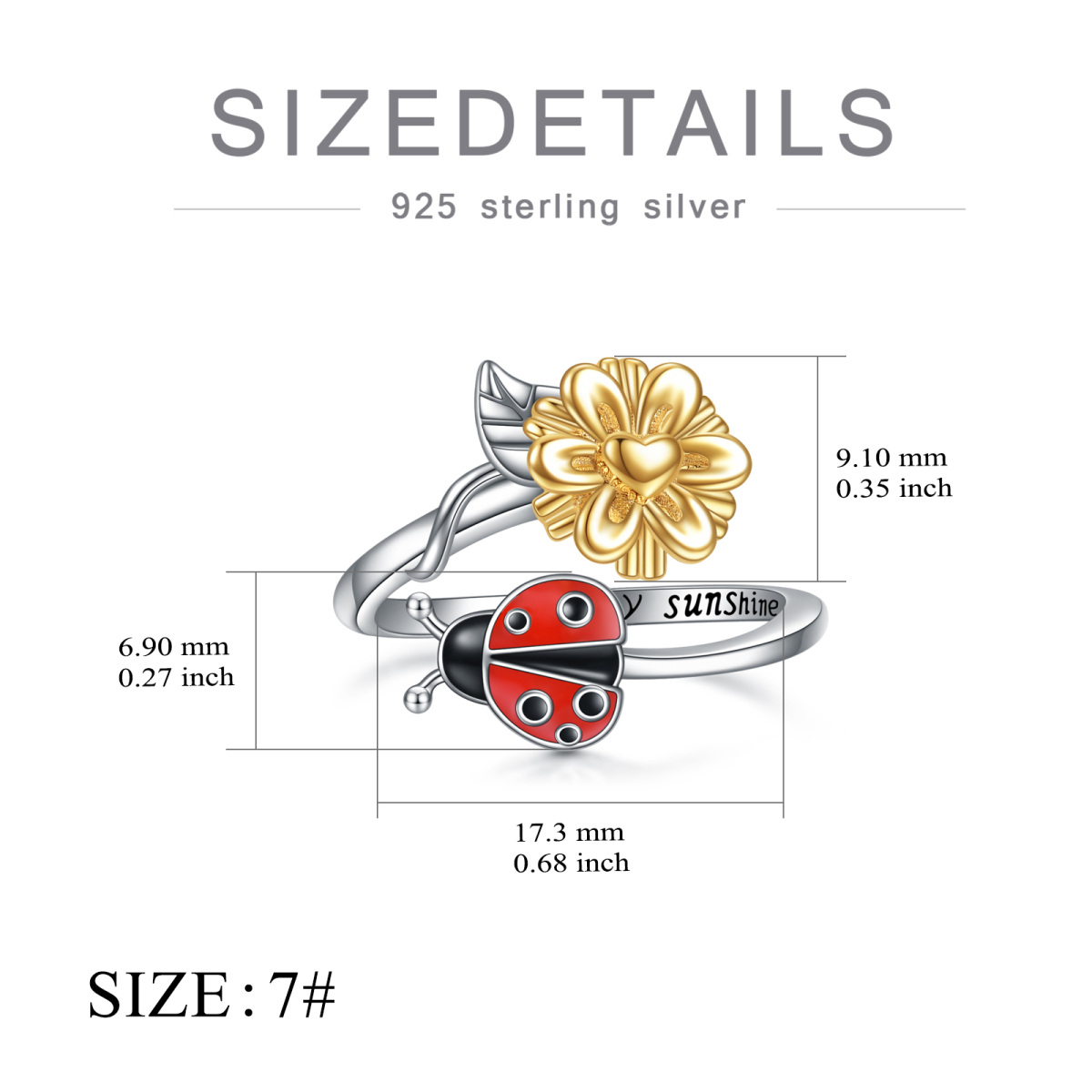 Bague ouverte coccinelle tournesol en argent sterling avec mot gravé-5