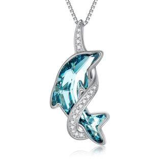 Sterling Silver Lake Blue Crystal Dolphin Pendant Necklace-51