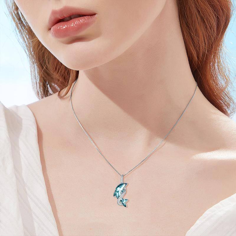 Sterling Silver Lake Blue Crystal Dolphin Pendant Necklace-2