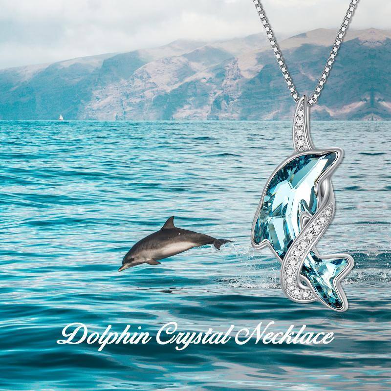 Sterling Silver Lake Blue Crystal Dolphin Pendant Necklace-3