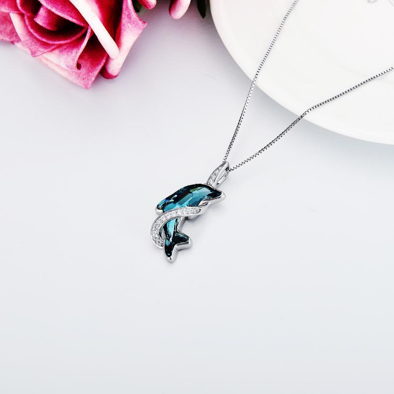 Collar Colgante Delfín de Plata de Ley con Cristal Azul Lago-4