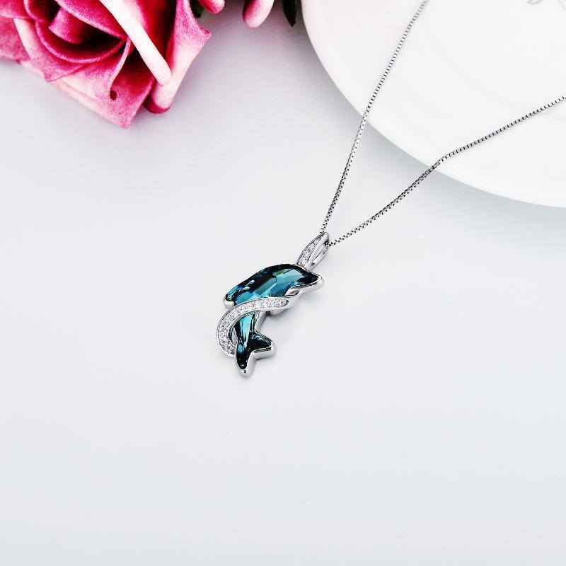 Sterling Silver Lake Blue Crystal Dolphin Pendant Necklace-4