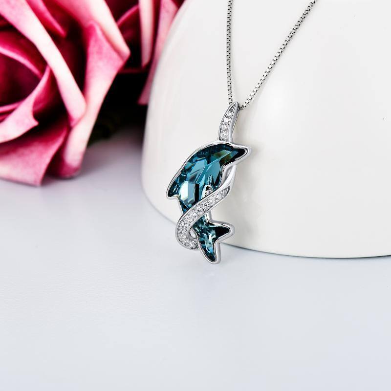 Sterling Silver Lake Blue Crystal Dolphin Pendant Necklace-5