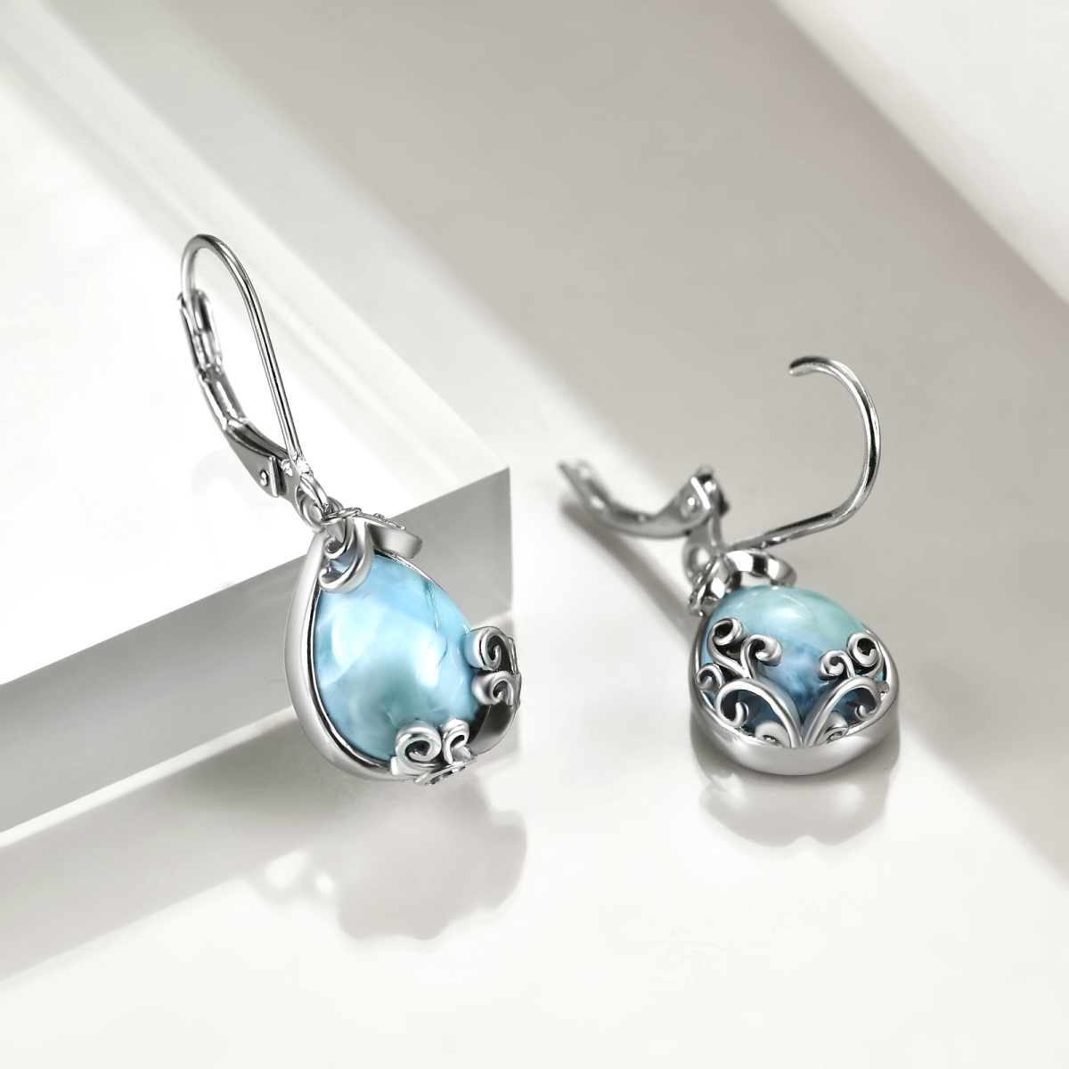 Sterling Silver Lalimar Stone Drop Shape & Filigree Lever-back Earrings-6