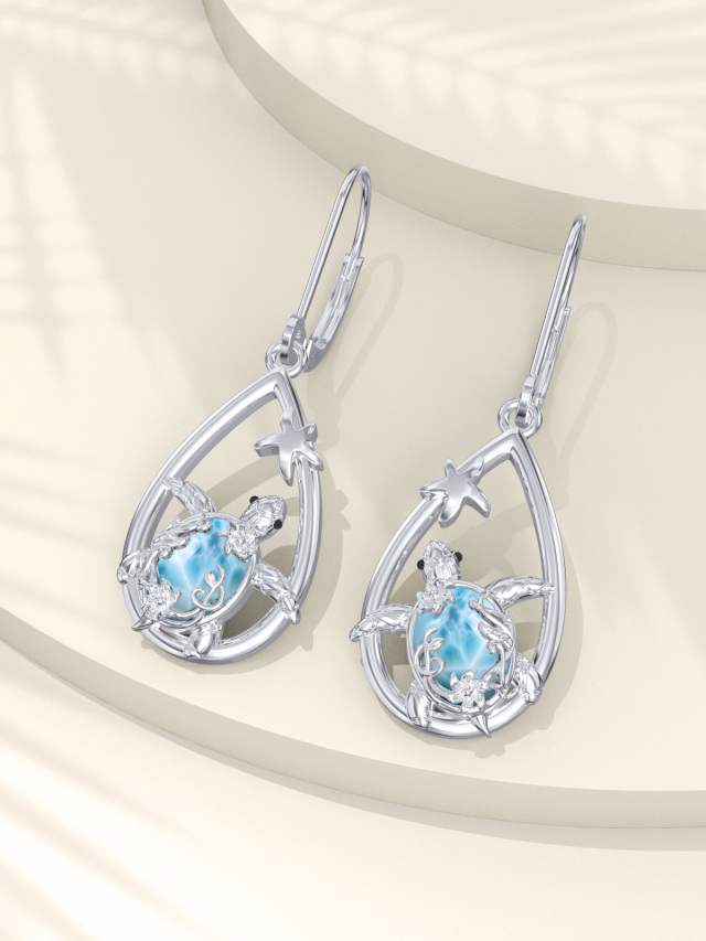 Boucles d'oreilles à levier en argent sterling avec pierre de Lalimar et tortue de mer-3