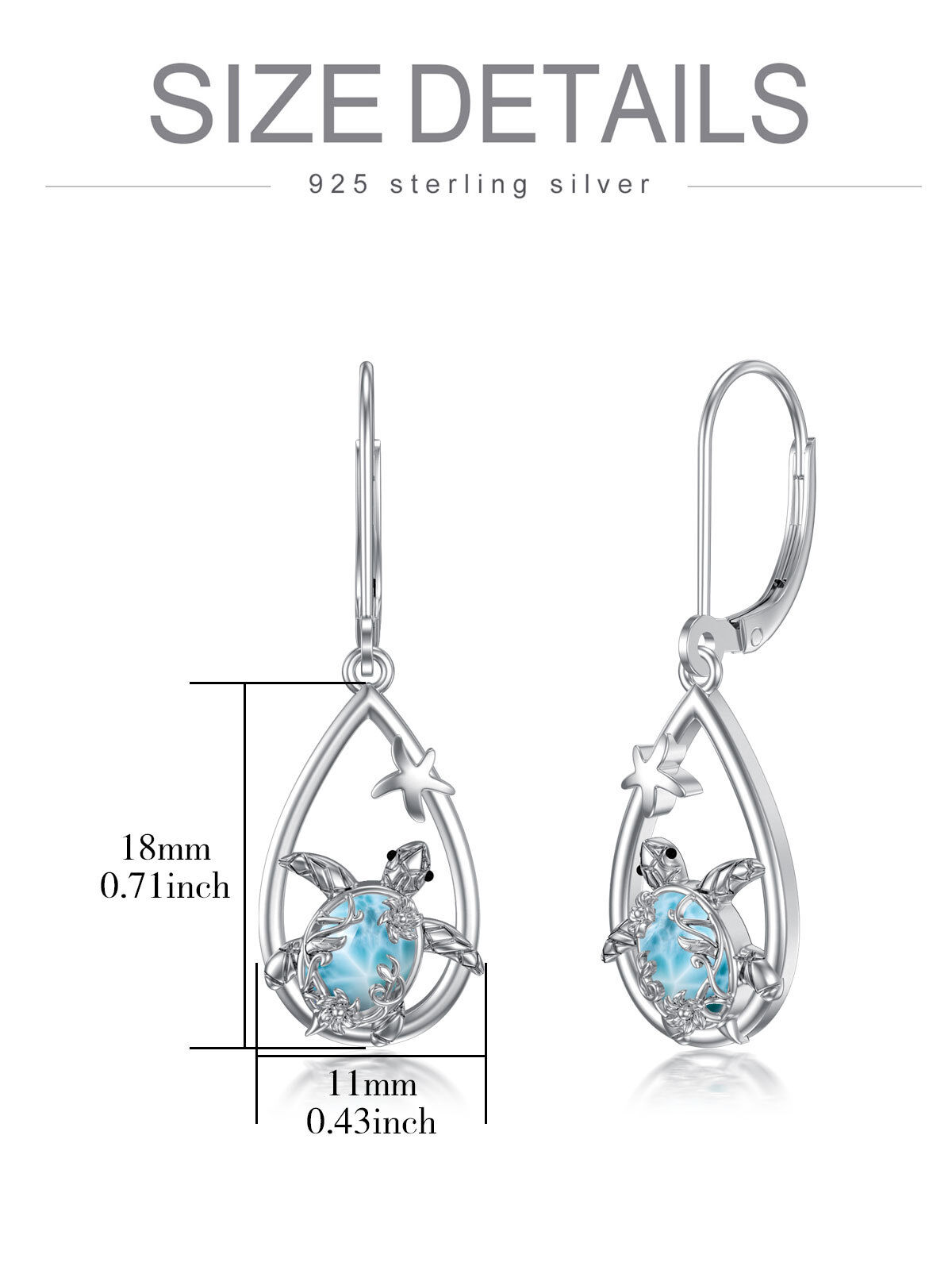 Sterling Silver Lalimar Stone Sea Turtle Lever-back Earrings-5