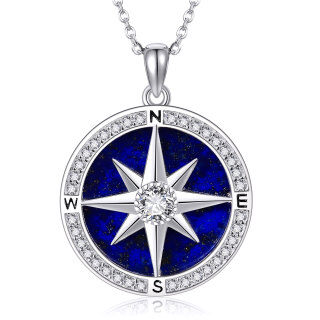 Sterling Silver Cubic Zirconia & Lapis Lazuli Compass Pendant Necklace-4