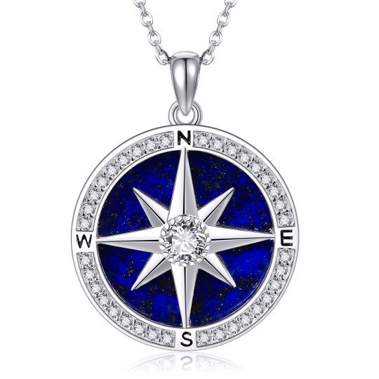 Sterling Silver Cubic Zirconia & Lapis Lazuli Compass Pendant Necklace