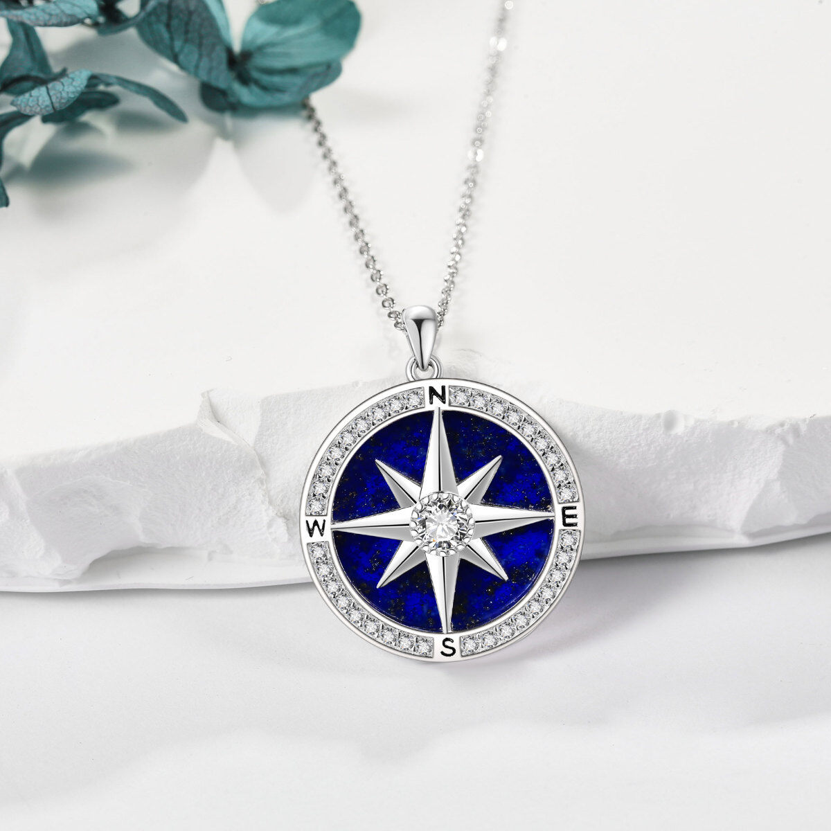 Sterling Silver Cubic Zirconia & Lapis Lazuli Compass Pendant Necklace-3