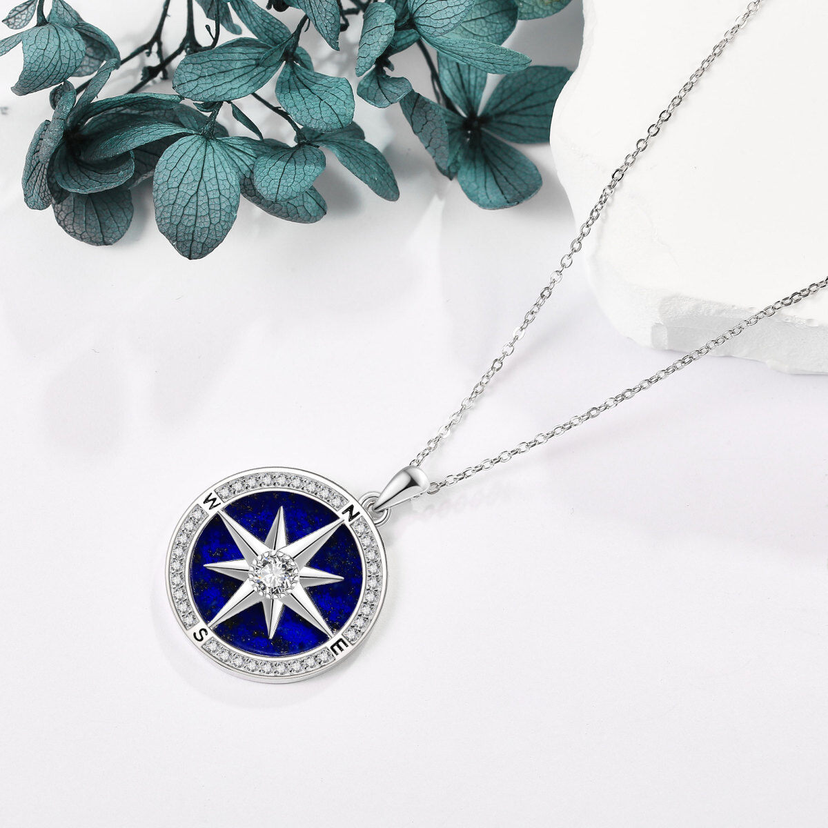 Sterling Silver Cubic Zirconia & Lapis Lazuli Compass Pendant Necklace-4