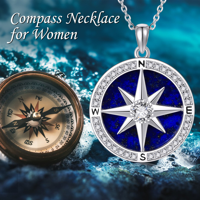 Sterling Silver Cubic Zirconia & Lapis Lazuli Compass Pendant Necklace-6