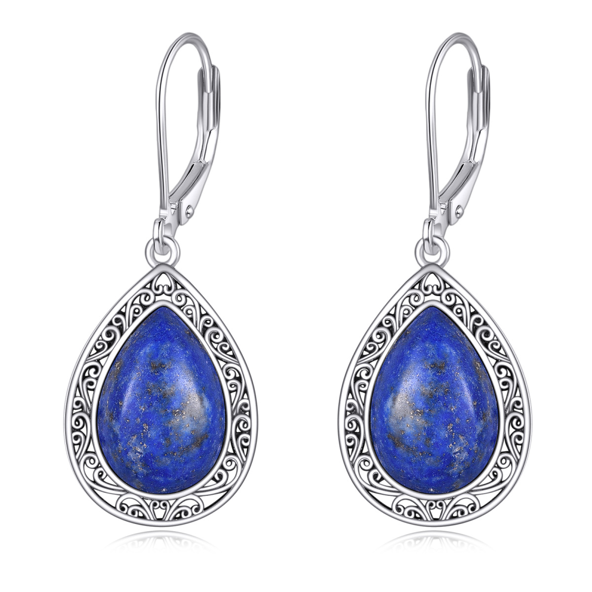 Sterling Silver Lapis Lazuli Drop Shape Lever-back Earrings-1