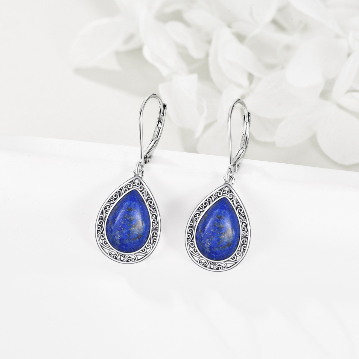 Sterling Silver Lapis Lazuli Drop Shape Lever-back Earrings-4