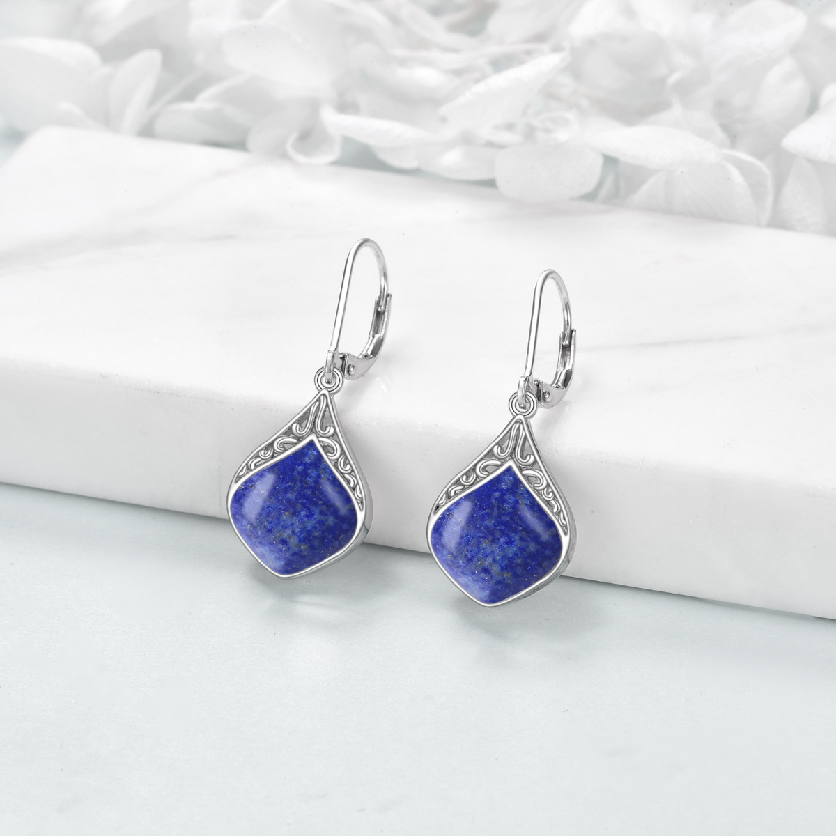 Sterling Silver Lapis Lazuli Lever-back Earrings-3