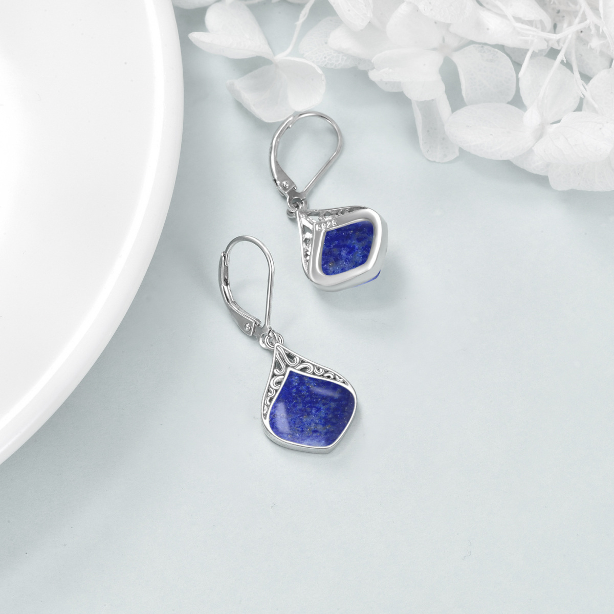 Sterling Silver Lapis Lazuli Lever-back Earrings-4