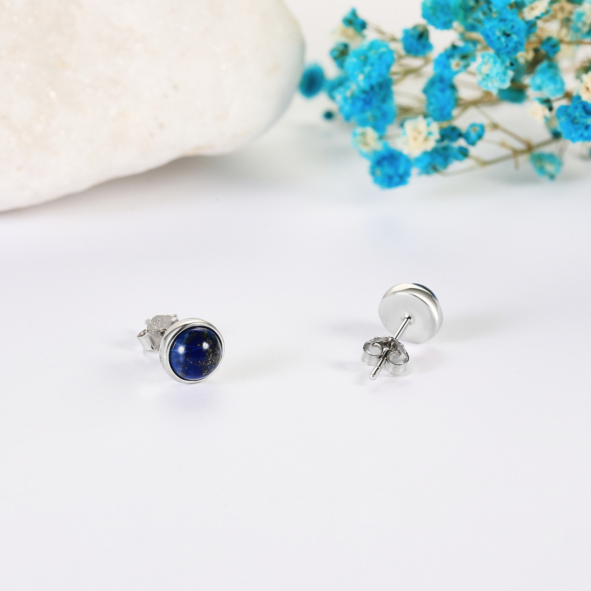 Sterling Silver Lapis Lazuli Round Stud Earrings-4