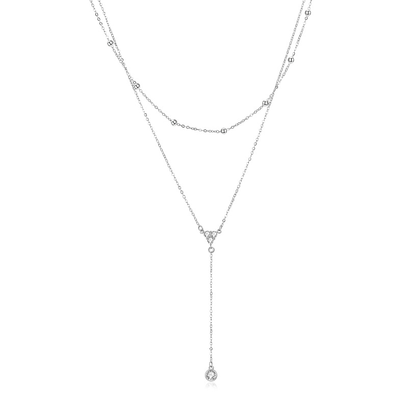 Sterling Silver Cubic Zirconia 2 Layered Y-necklace with Bead Station Chain-7