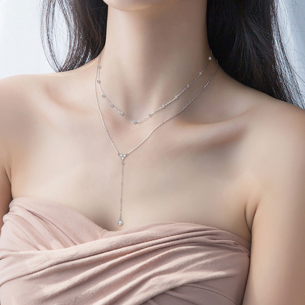 Colar em Y de prata esterlina com 2 camadas de zircónias cúbicas e corrente de pérolas-2