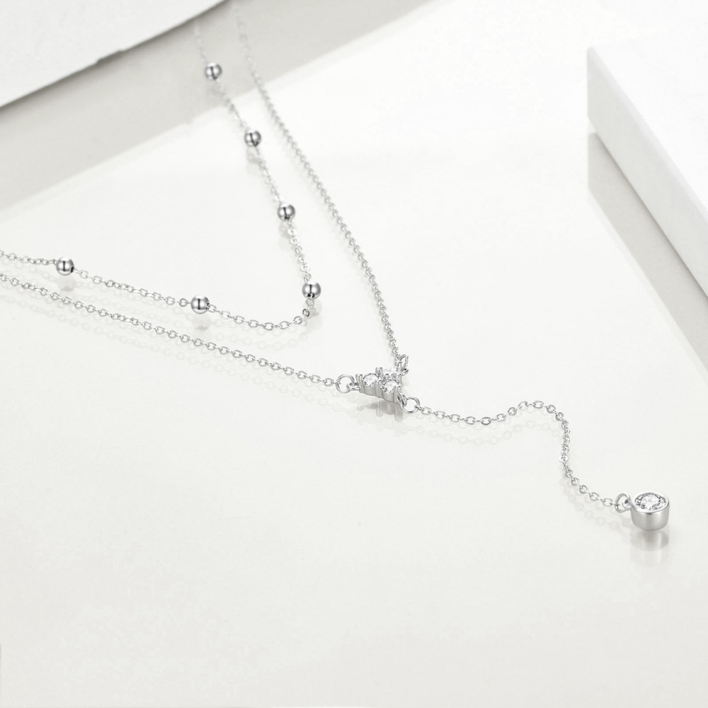Colar em Y de prata esterlina com 2 camadas de zircónias cúbicas e corrente de pérolas-4
