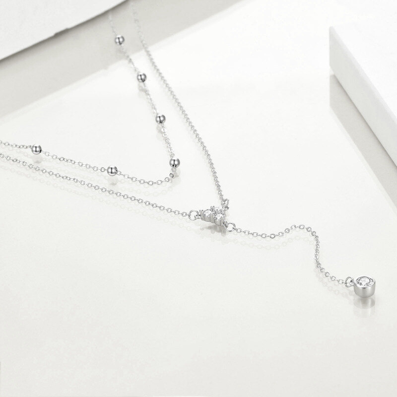 Sterling Silver Cubic Zirconia 2 Layered Y-necklace with Bead Station Chain-4