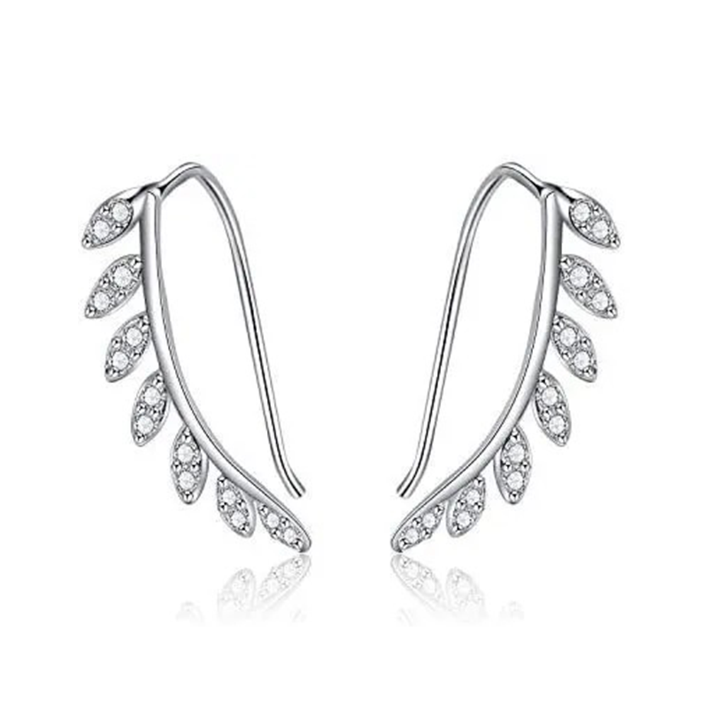 Sterling Silver Cubic Zirconia Leaves Climber Earrings-1