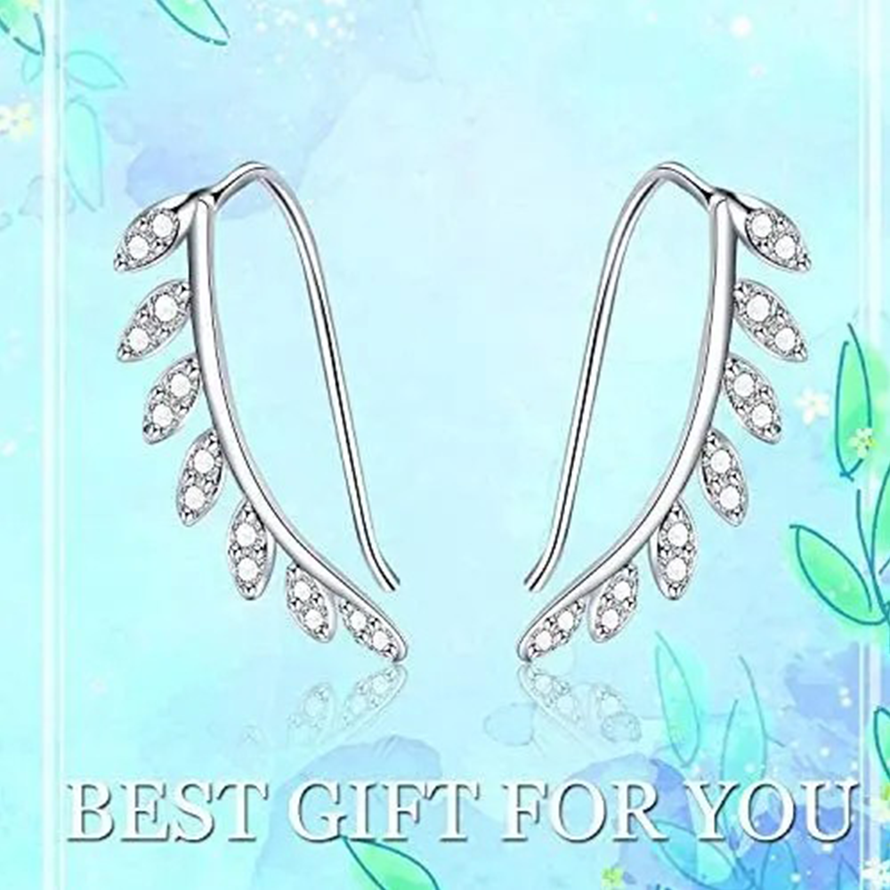 Sterling Silver Cubic Zirconia Leaves Climber Earrings-4