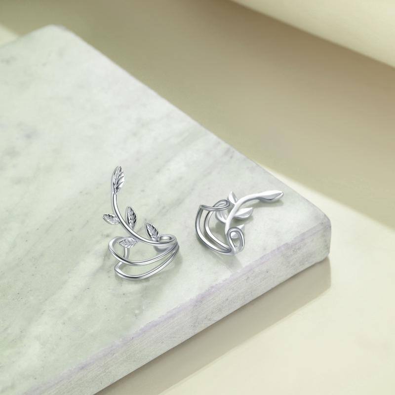 Sterling Silver Leaves Cuff Earrings-4