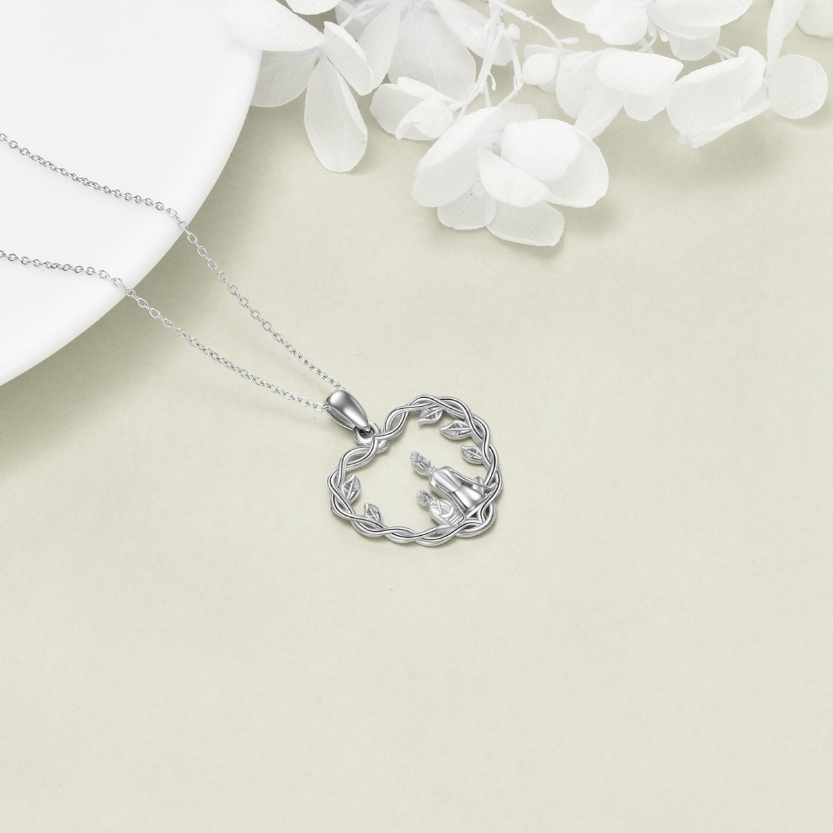 Sterling Silver Leaves Grandmother & Mother Heart Pendant Necklace-4