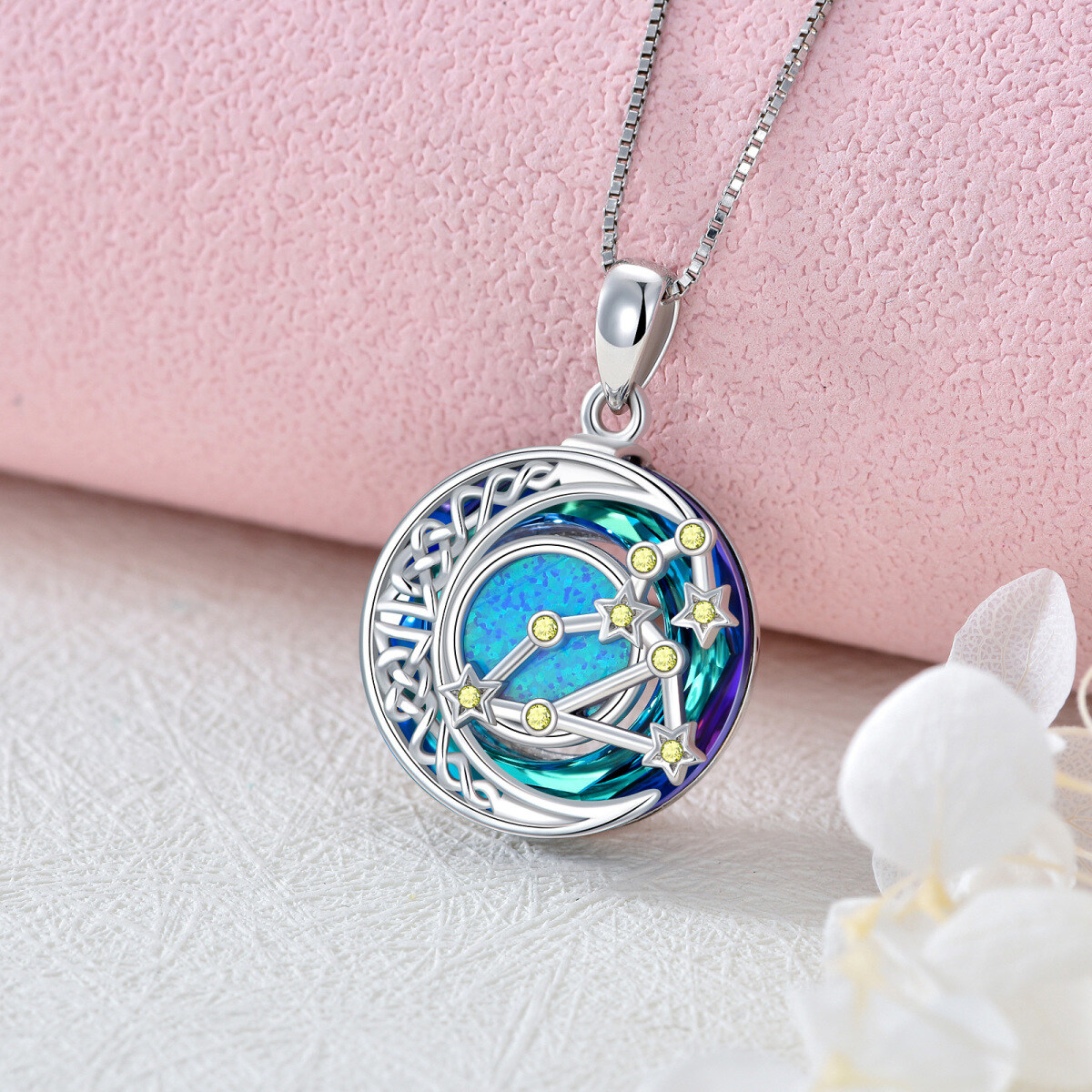 Sterling Silver Leo Circular Opal With Crystal Pendant Necklace-3