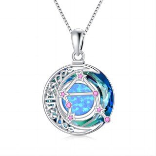 Sterling Silver Libra Circular Opal With Crystal Pendant Necklace-15