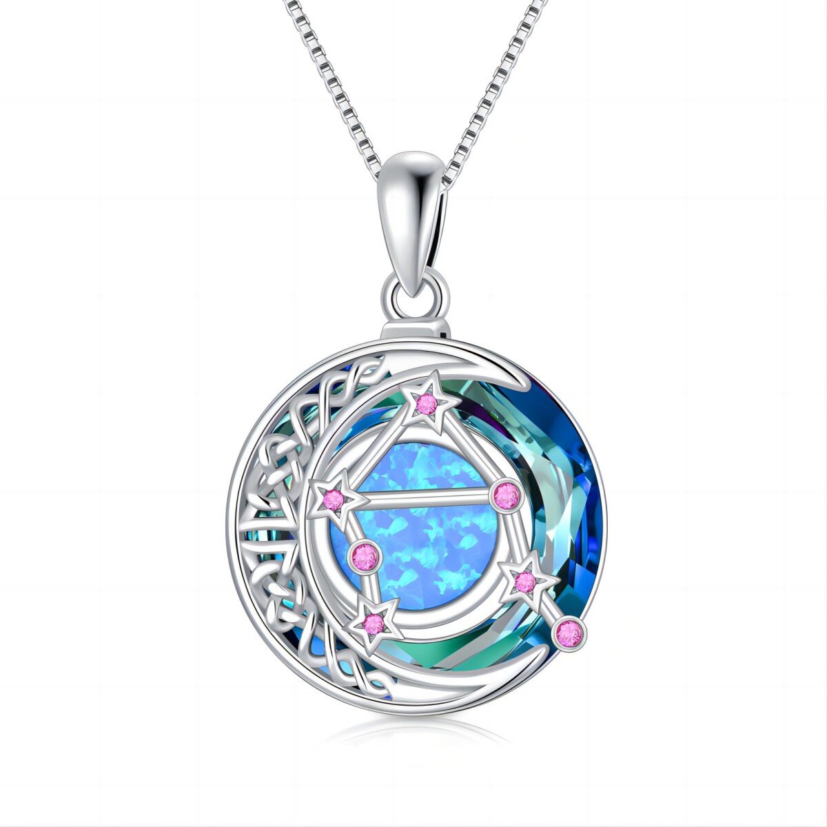 Sterling Silver Libra Circular Opal With Crystal Pendant Necklace-1