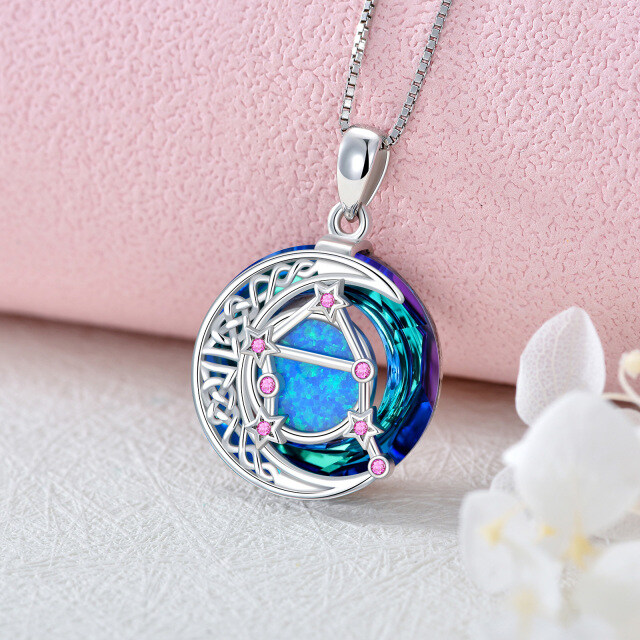 Sterling Silver Libra Circular Opal With Crystal Pendant Necklace-3