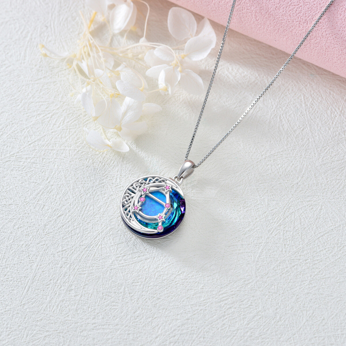 Sterling Silver Libra Circular Opal With Crystal Pendant Necklace-4