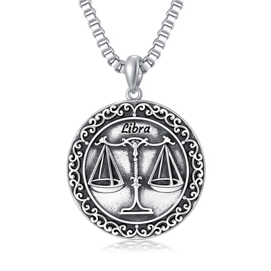 Sterling Silver Libra & Round Pendant Necklace for Men