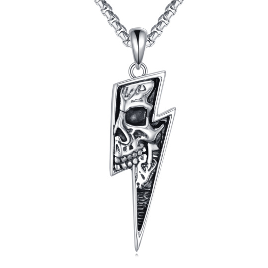 Sterling Silver Lightning Skull Pendant Necklace for Men