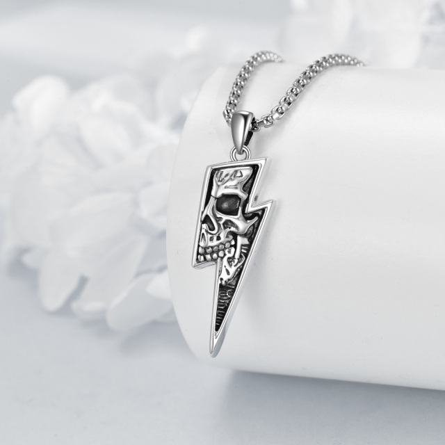 Sterling Silver Lightning Skull Pendant Necklace for Men-3