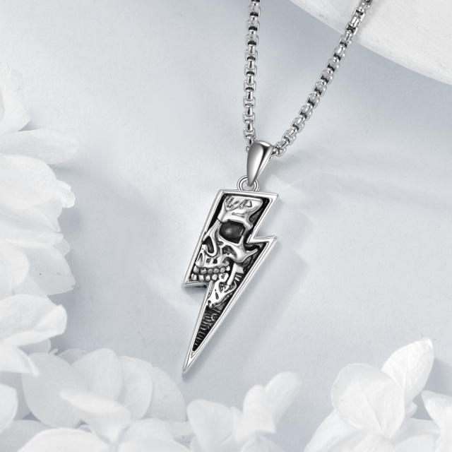 Sterling Silver Lightning Skull Pendant Necklace for Men-4