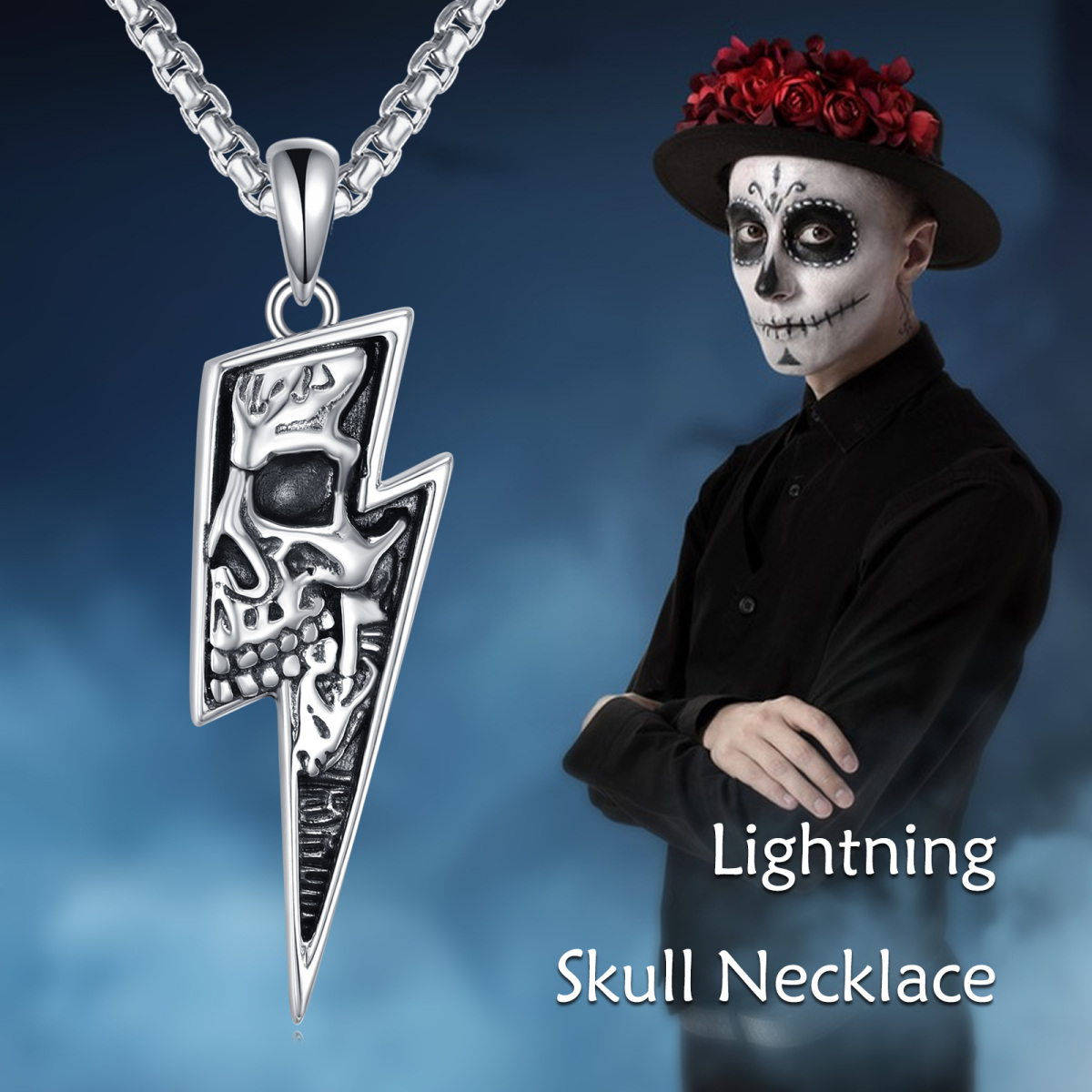 Sterling Silver Lightning Skull Pendant Necklace for Men-6