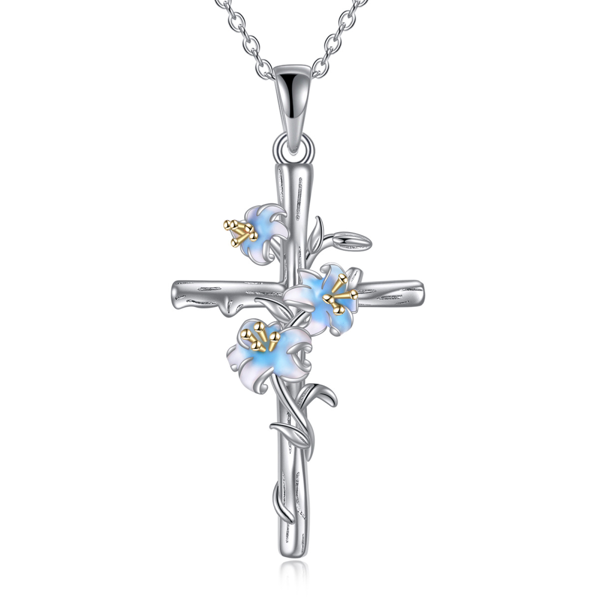 Sterling Silver Lily & Cross Pendant Necklace-1