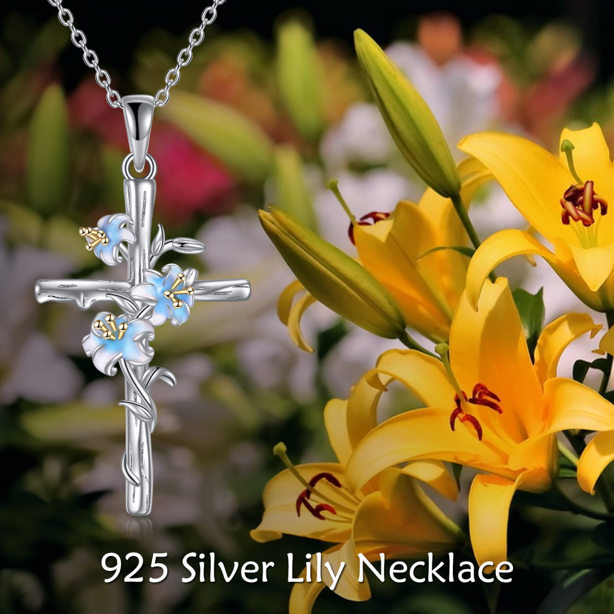 Sterling Silver Lily & Cross Pendant Necklace-5