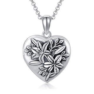 Sterling Silver Lily Heart Personalized Photo Locket Necklace-37