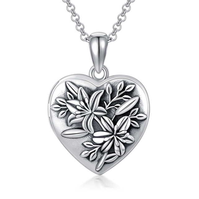 Sterling Silver Lily Heart Personalized Photo Locket Necklace-4